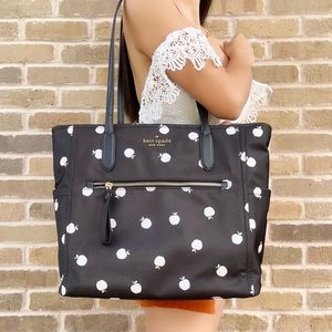 Kate Spade Nylon Large Top Zip Tote Bag Black Apple Print